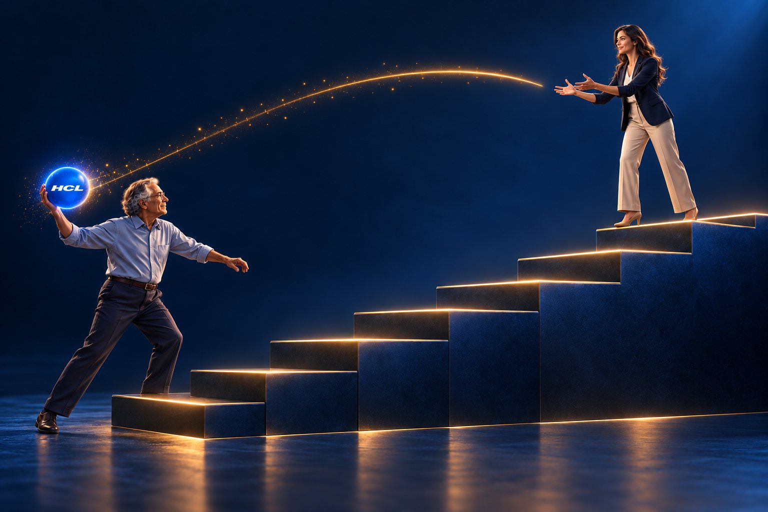 Ein erfahrener Entwickler steht unten an der Treppe und setzt zum Wurf des HCL-Logos zur Entwicklerin oben an. Sieben Stufen der Domino-Modernisierung.